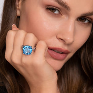 925 Sterling Silver Bujukan and Cushion Blue Topaz Twisted Ladies Ring