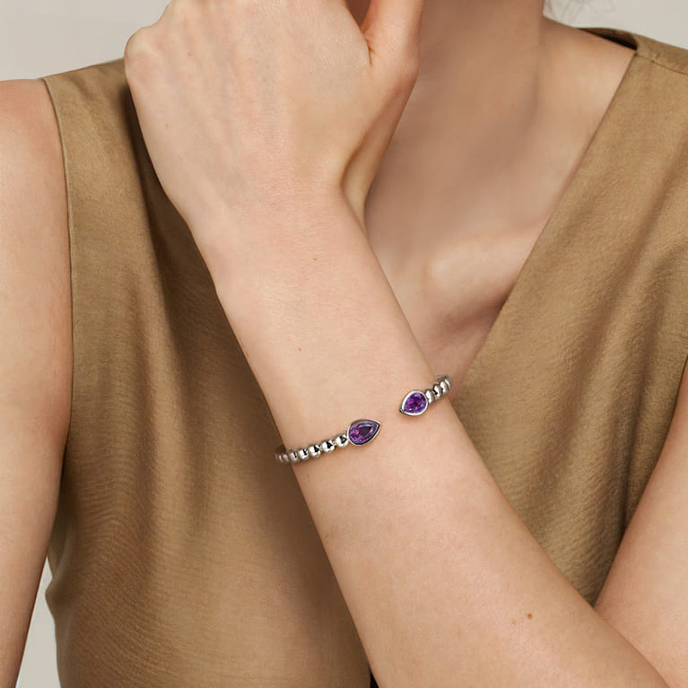 925 Sterling Silver Bujukan and Pear Shape Amethyst Split Bangle Bracelet - Shot 4