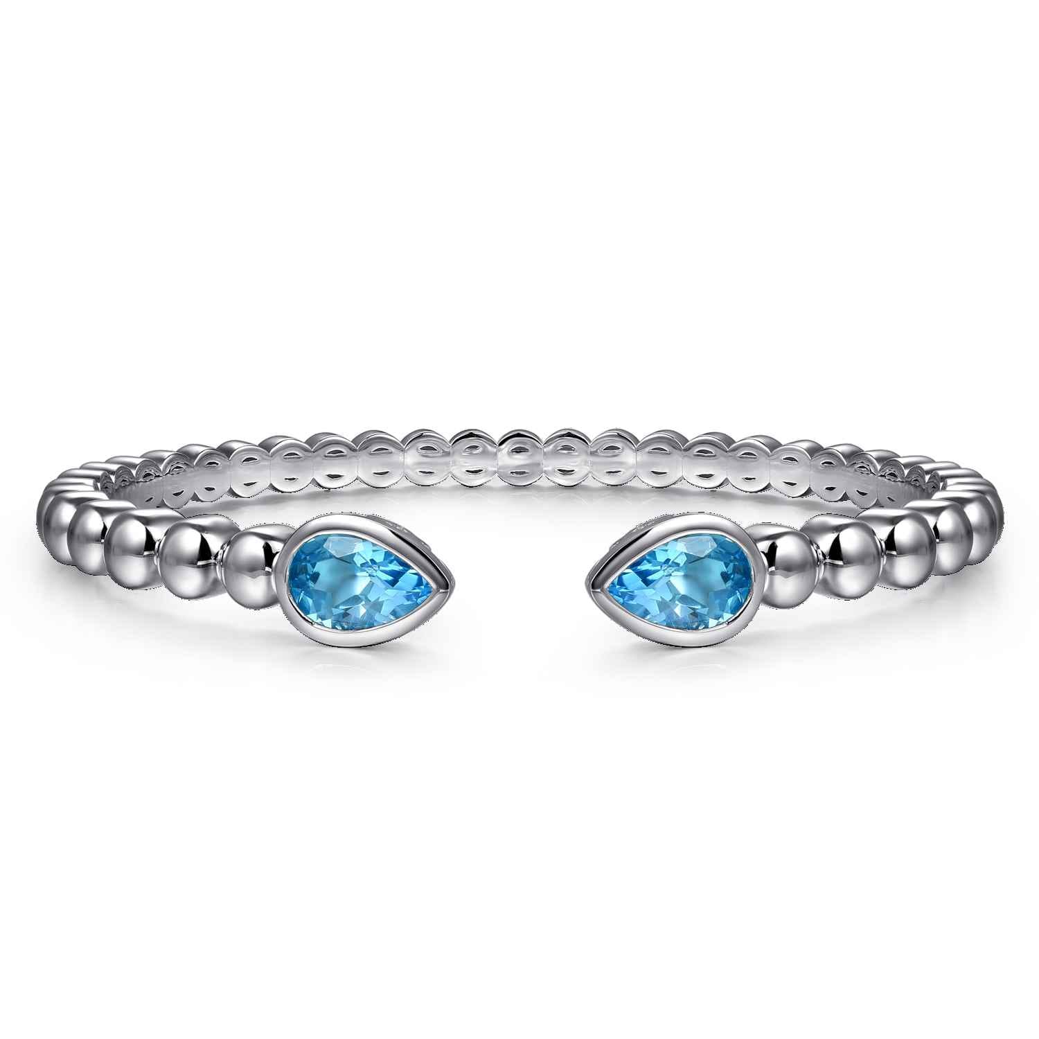 925 Sterling Silver Bujukan and Pear Shape Blue Topaz Split Bangle Bracelet - Shot 1