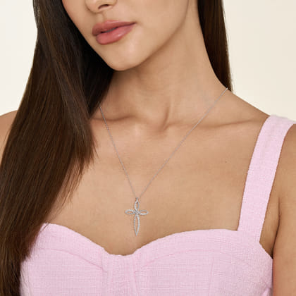 925 Sterling Silver Bujukan and White Sapphire Cross Pendant Necklace