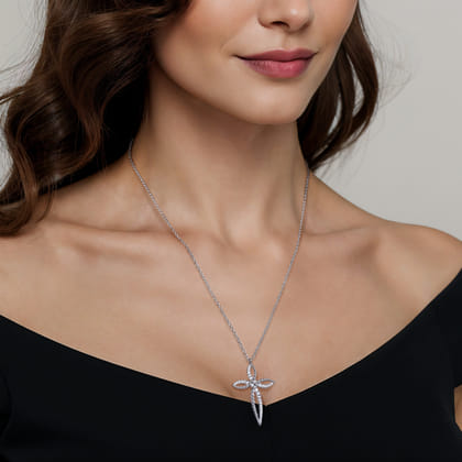 925 Sterling Silver Bujukan and White Sapphire Cross Pendant Necklace