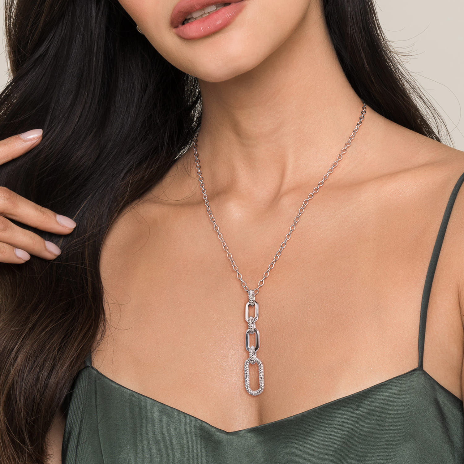 925 Sterling Silver Bujukan and White Sapphire Link Pendant Drop Necklace - Shot 3