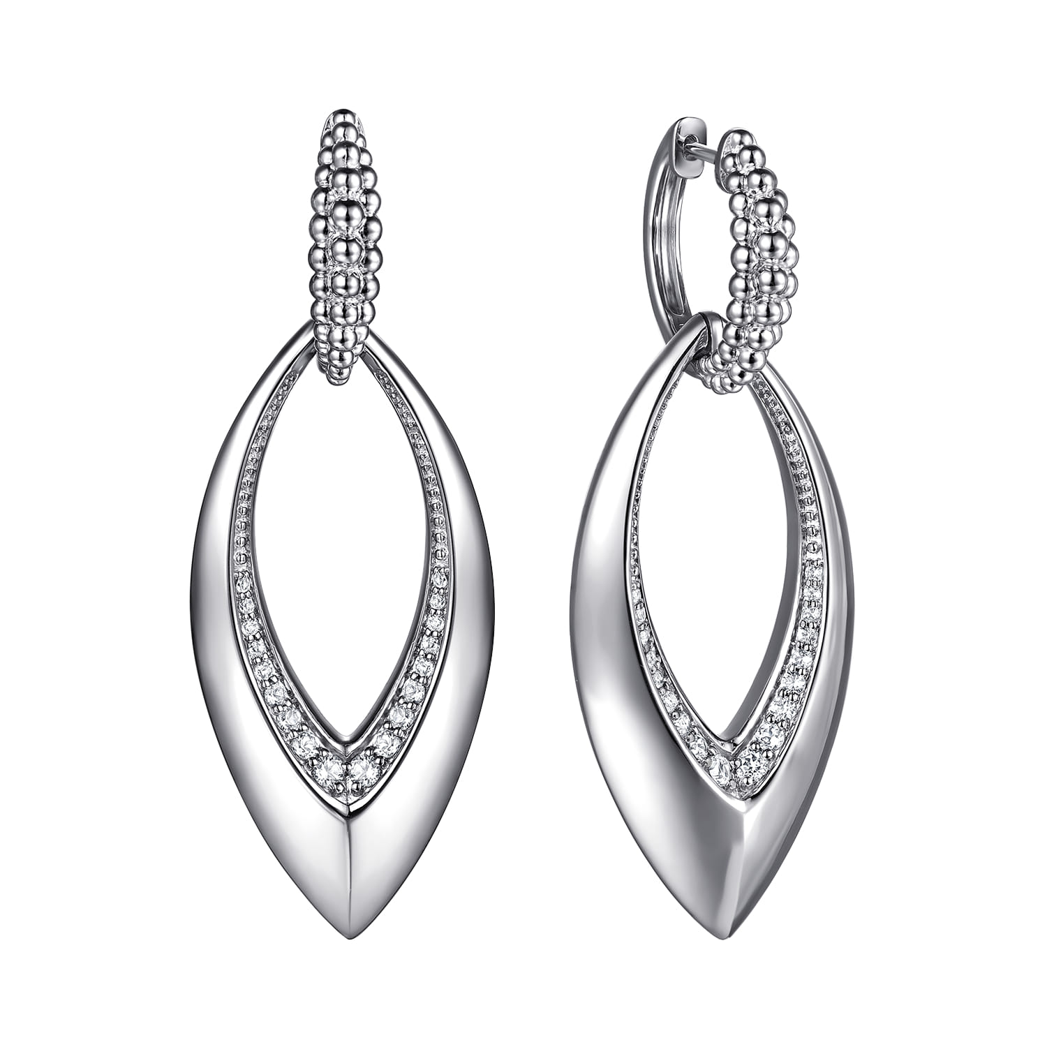925 Sterling Silver Bujukan and White Sapphire Marquise Huggie Drop Earrings - Shot 1
