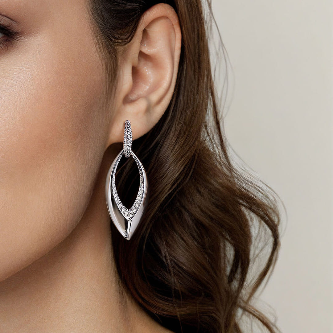 925 Sterling Silver Bujukan and White Sapphire Marquise Huggie Drop Earrings - Shot 4