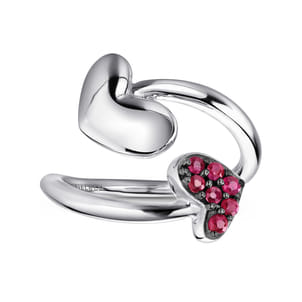 925 Sterling Silver Bypass Heart Ring with Ruby Stones