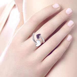 925 Sterling Silver Bypass Heart Ring with Ruby Stones