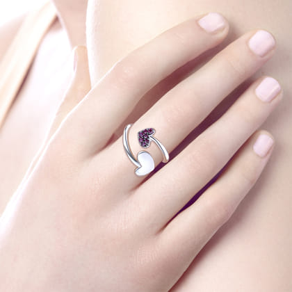 925 Sterling Silver Bypass Heart Ring with Ruby Stones