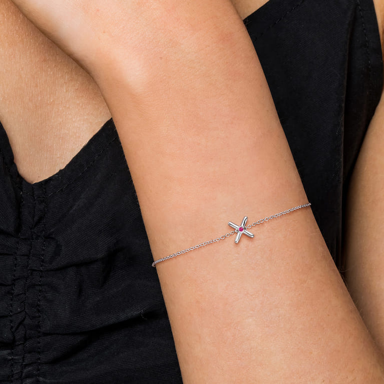 925 Sterling Silver Chain Bracelet with Ruby X Charm - Shot 3