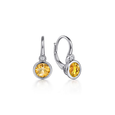 925 Sterling Silver Citrine and Diamond Leverback Earrings