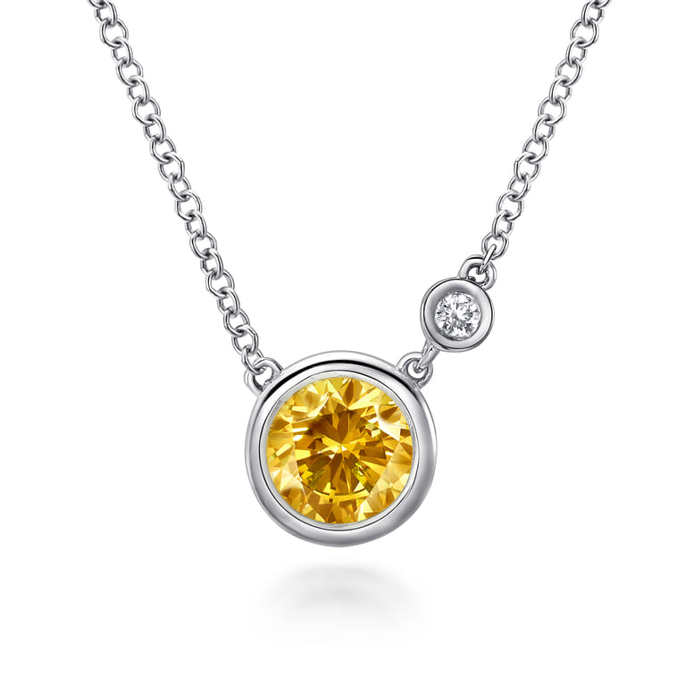 925 Sterling Silver Citrine and Diamond Pendant Necklace - 0.02 ct - Shot 1