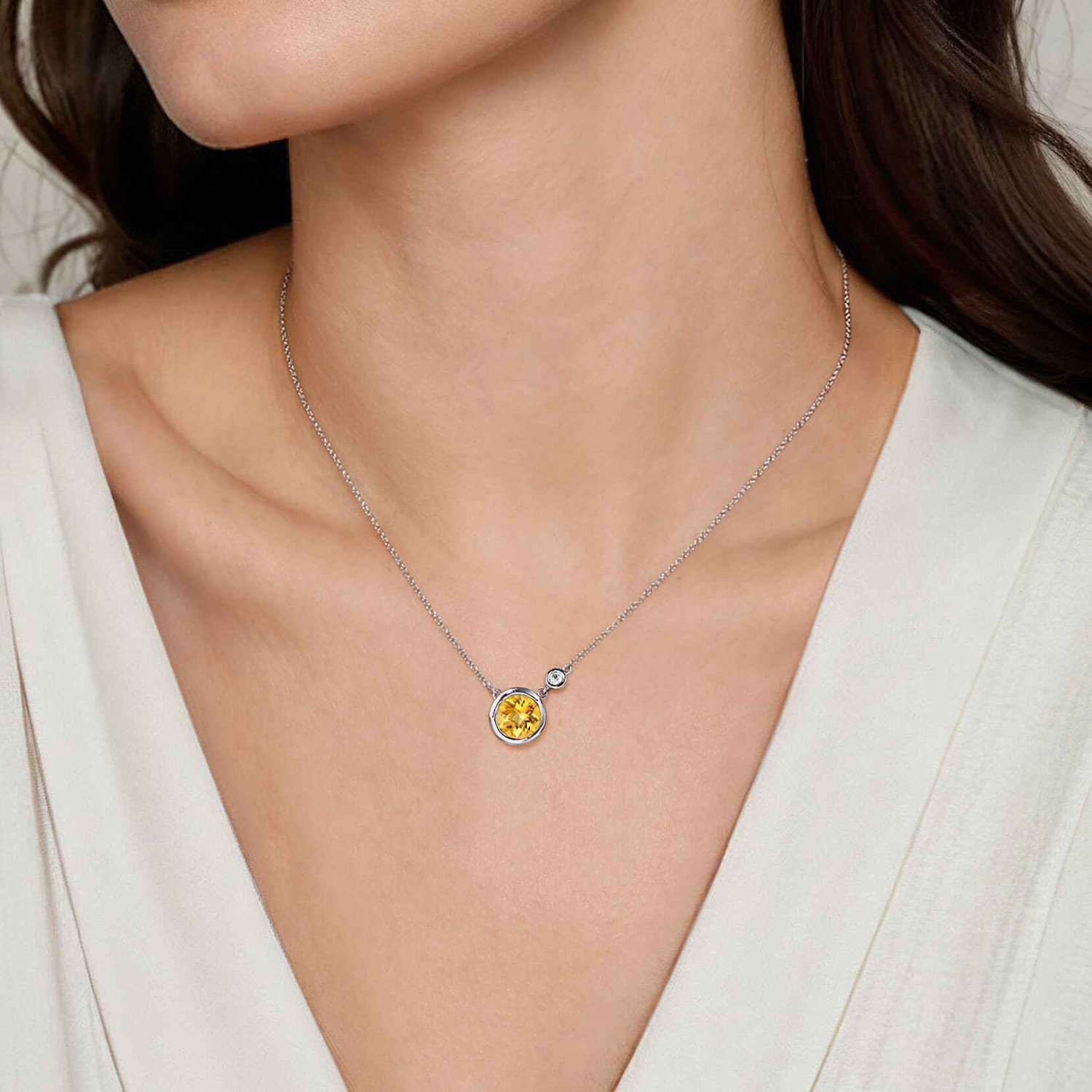 925 Sterling Silver Citrine and Diamond Pendant Necklace