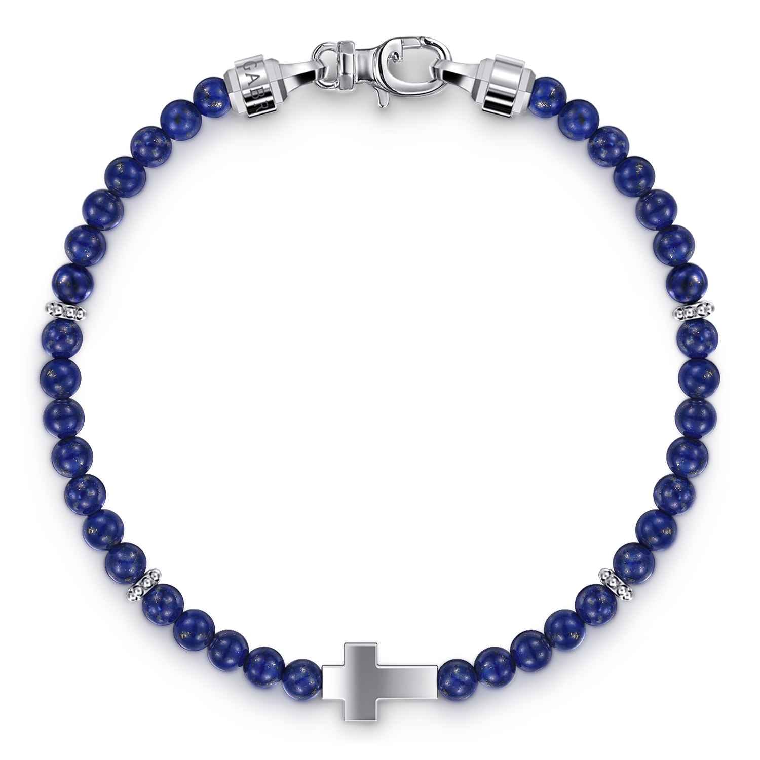 925 Sterling Silver Cross Bracelet with 4mm Lapis Beads - Shot 1