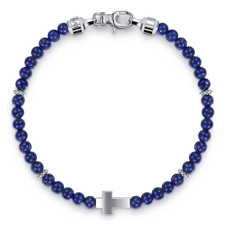 925 Sterling Silver Cross Bracelet with 4mm Lapis Beads - Shot 1