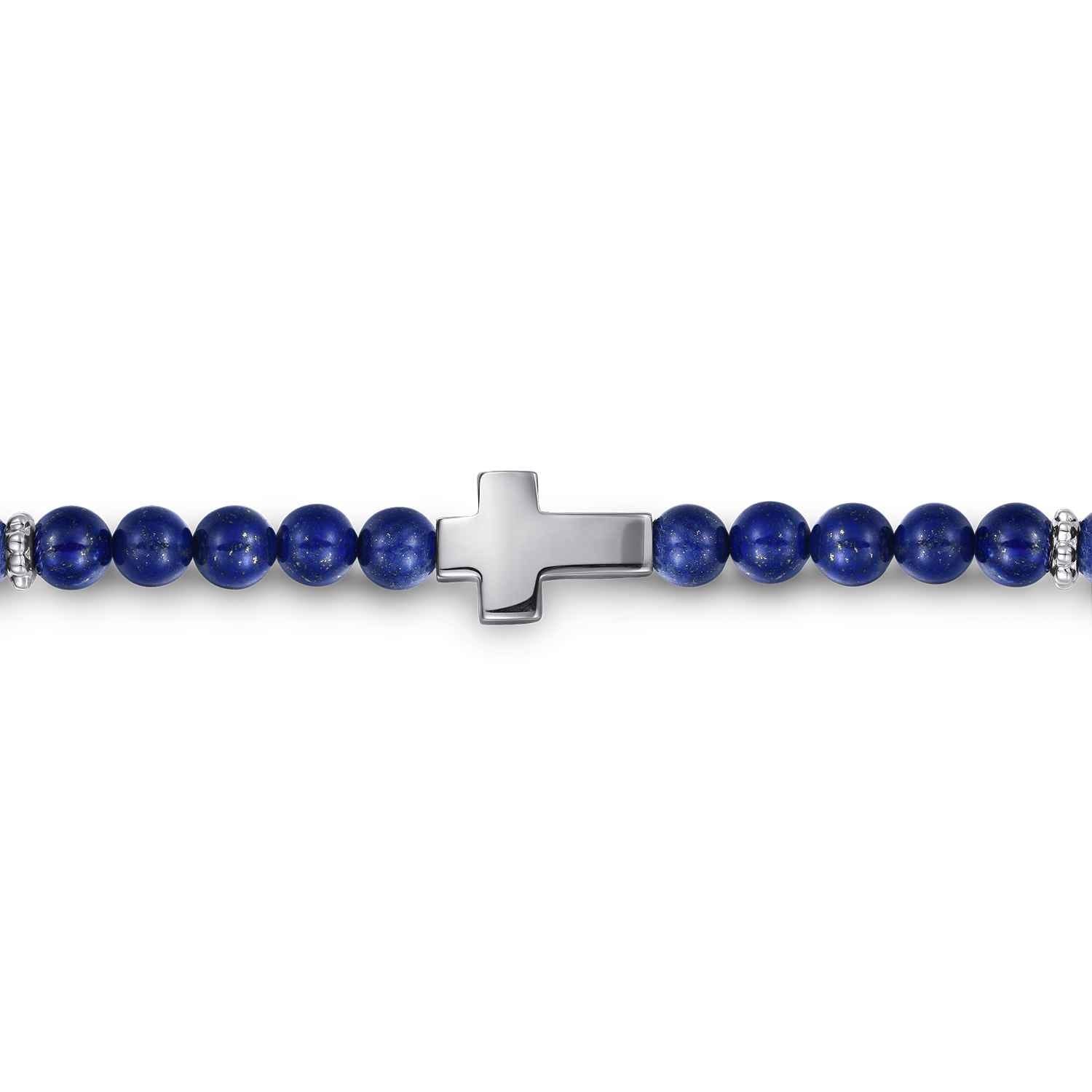 925 Sterling Silver Cross Bracelet with 4mm Lapis Beads - Shot 2