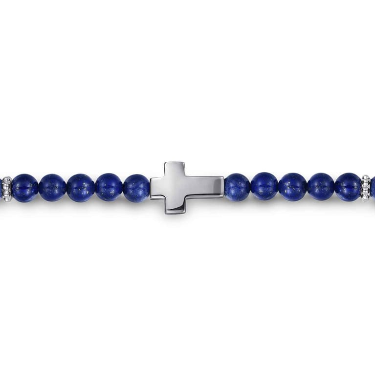 925 Sterling Silver Cross Bracelet with 4mm Lapis Beads - Shot 2