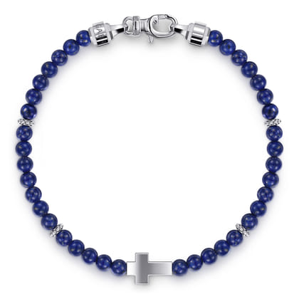 925 Sterling Silver Cross Bracelet with 4mm Lapis Beads