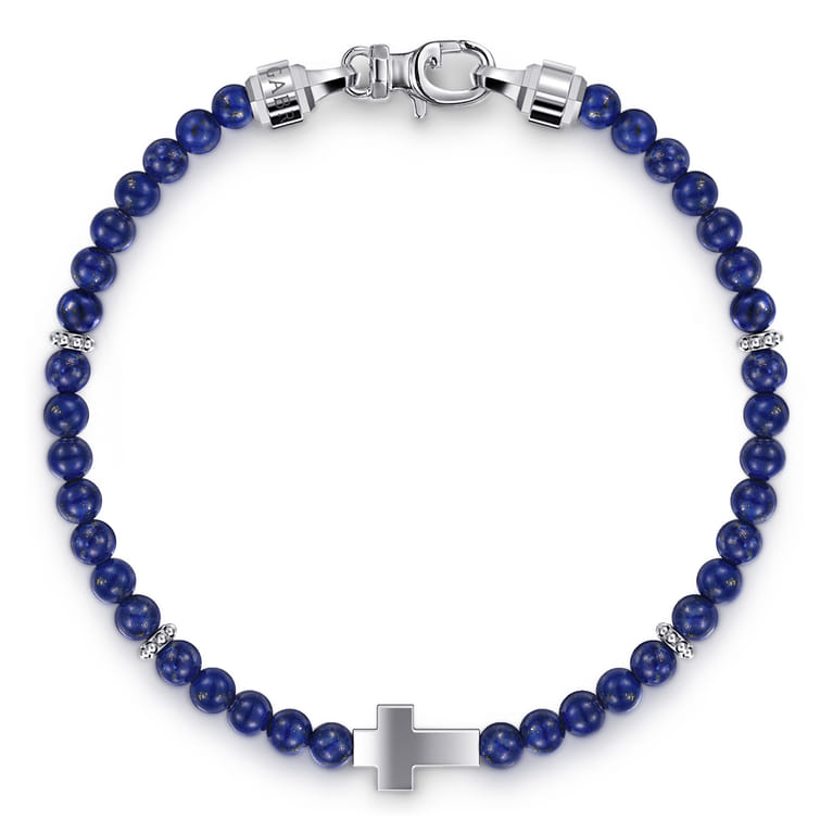 925 Sterling Silver Cross Bracelet with 4mm Lapis Beads - Shot 1