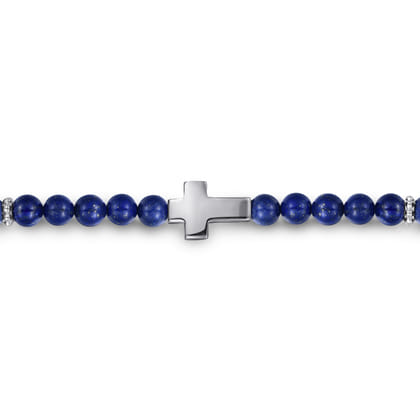 925 Sterling Silver Cross Bracelet with 4mm Lapis Beads