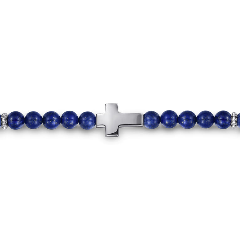 925 Sterling Silver Cross Bracelet with 4mm Lapis Beads - Shot 2