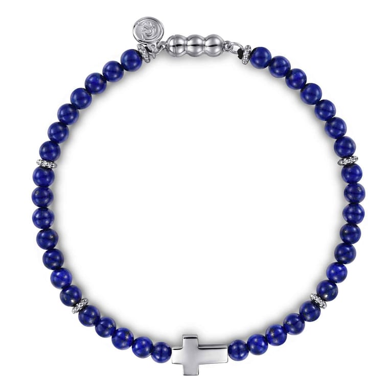 925 Sterling Silver Cross Bracelet with 4mm Lapis Beads - Shot 1