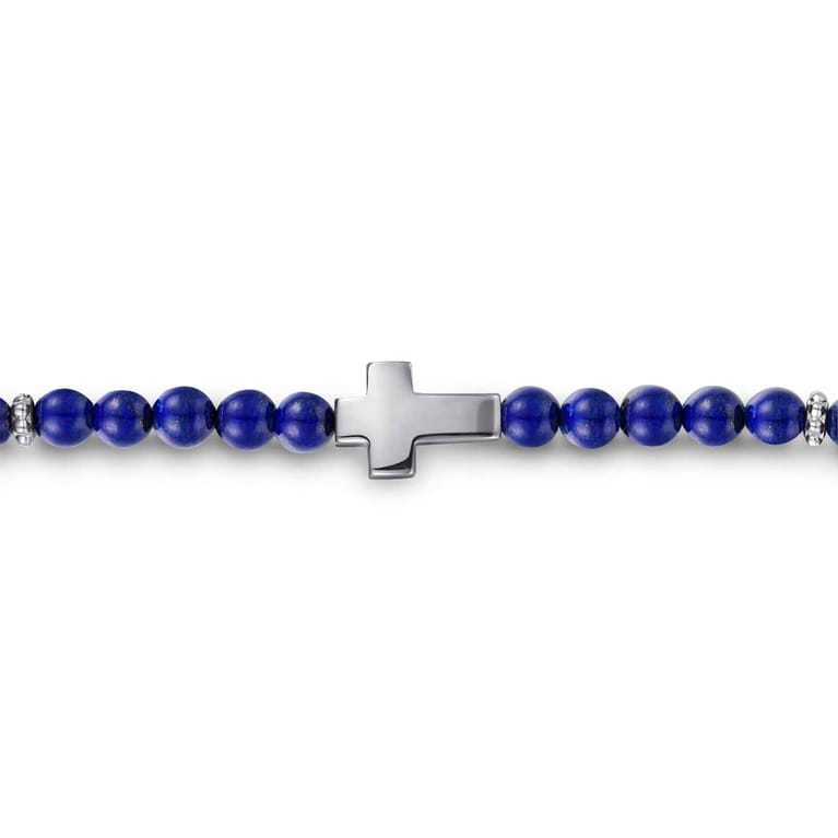 925 Sterling Silver Cross Bracelet with 4mm Lapis Beads - Shot 2