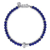 925 Sterling Silver Cross Bracelet with 4mm Lapis Beads