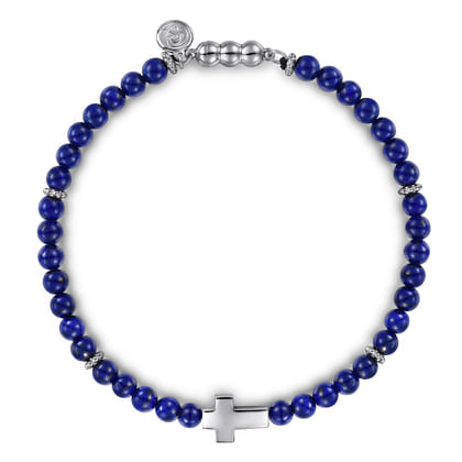 925 Sterling Silver Cross Bracelet with 4mm Lapis Beads