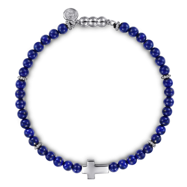 925 Sterling Silver Cross Bracelet with 4mm Lapis Beads - Shot 1
