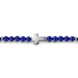 925 Sterling Silver Cross Bracelet with 4mm Lapis Beads