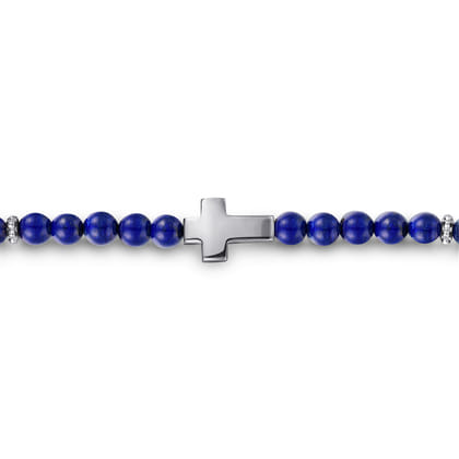 925 Sterling Silver Cross Bracelet with 4mm Lapis Beads