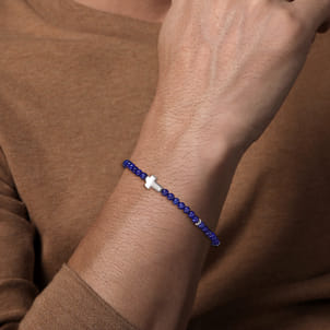 925 Sterling Silver Cross Bracelet with 4mm Lapis Beads