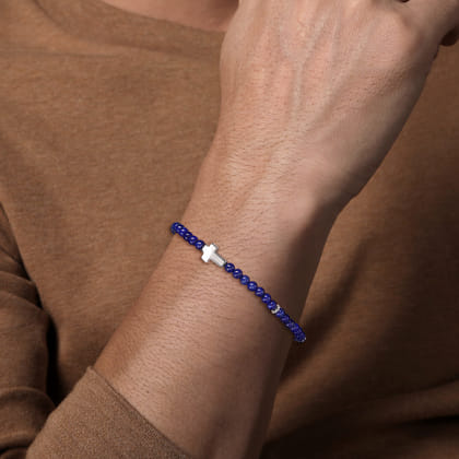 925 Sterling Silver Cross Bracelet with 4mm Lapis Beads