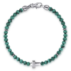 925 Sterling Silver Cross Bracelet with 4mm Malachite Beads