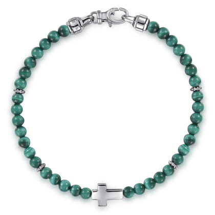 925 Sterling Silver Cross Bracelet with 4mm Malachite Beads