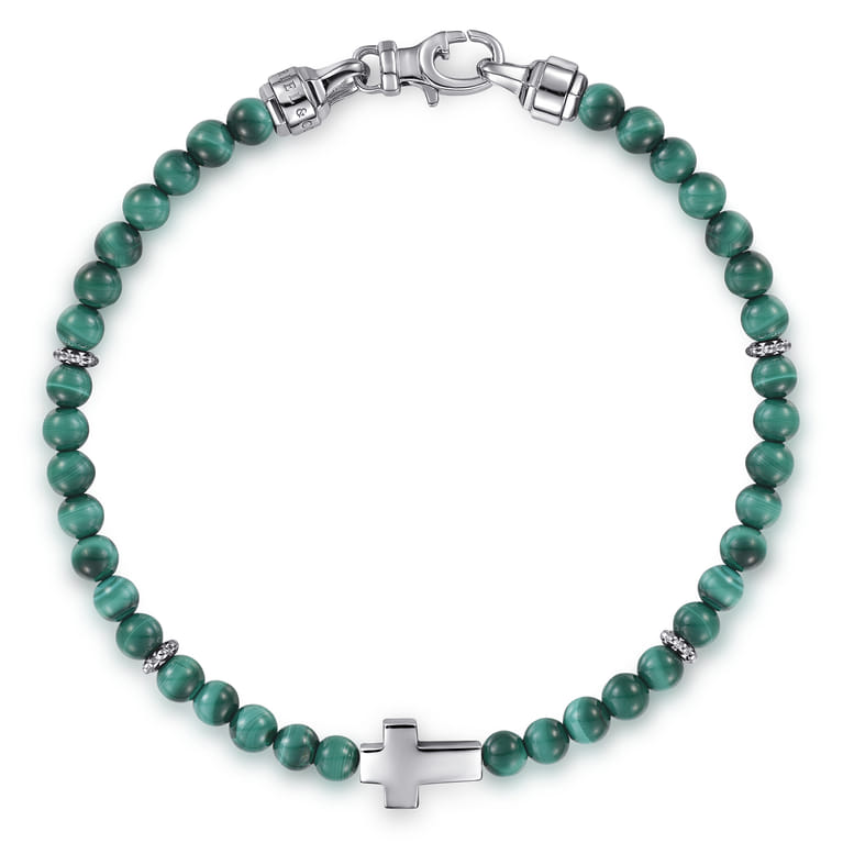 925 Sterling Silver Cross Bracelet with 4mm Malachite Beads - Shot 1