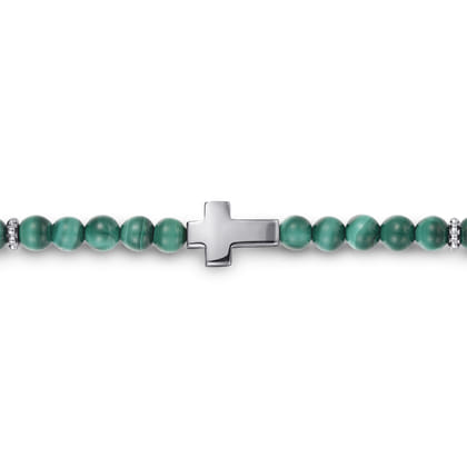925 Sterling Silver Cross Bracelet with 4mm Malachite Beads