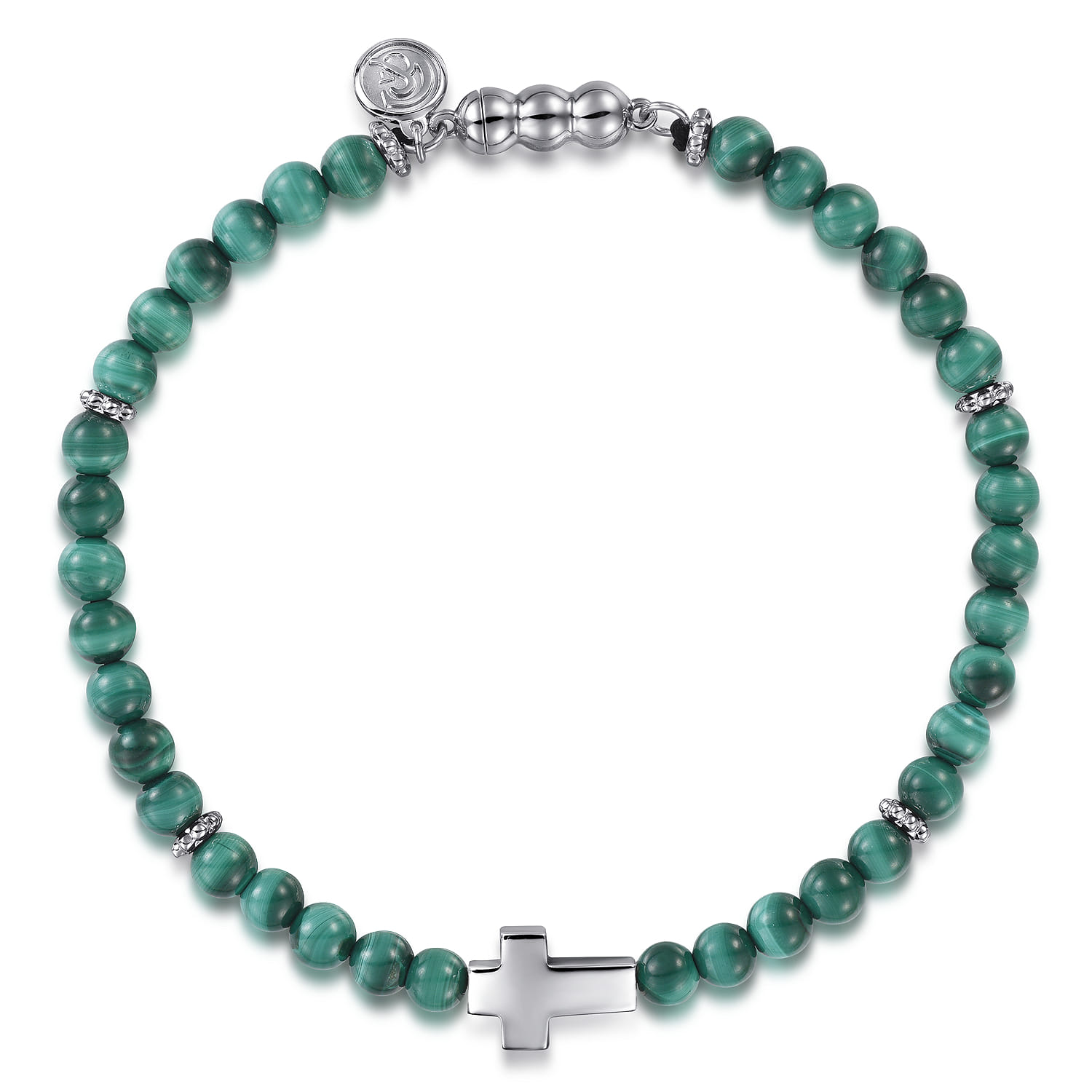 925 Sterling Silver Cross Bracelet with 4mm Malachite Beads - Shot 1