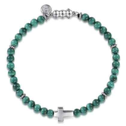 925 Sterling Silver Cross Bracelet with 4mm Malachite Beads