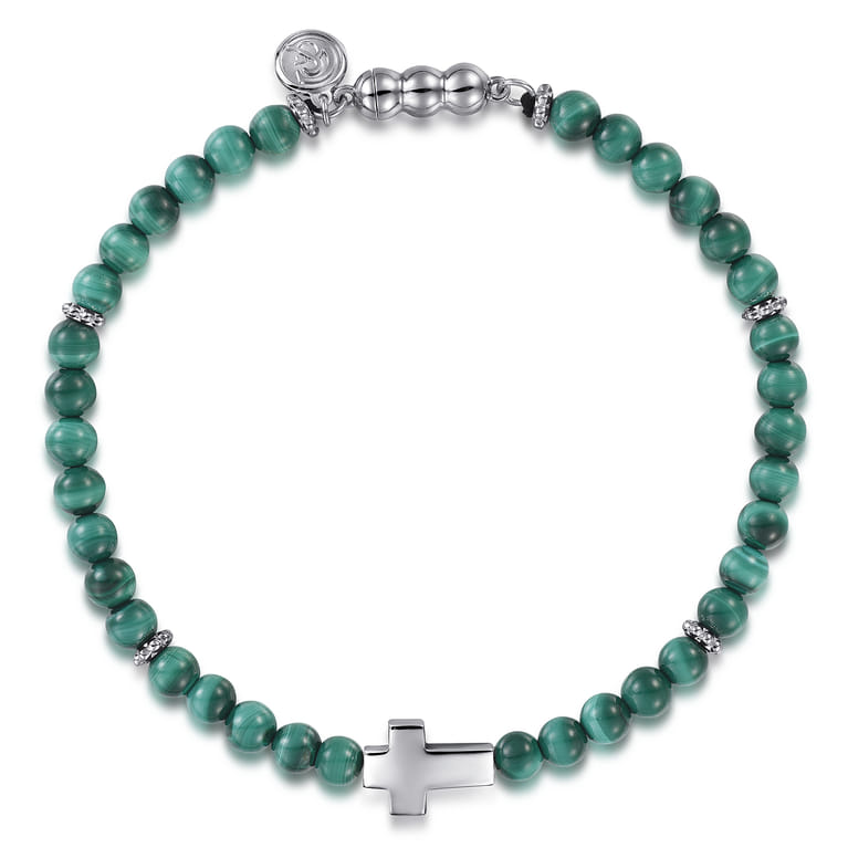 925 Sterling Silver Cross Bracelet with 4mm Malachite Beads - Shot 1