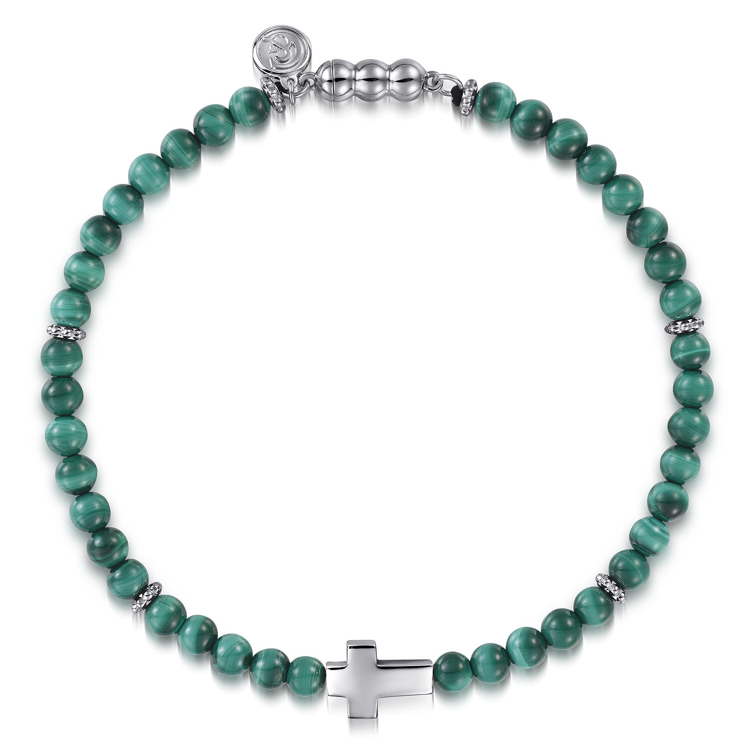 925 Sterling Silver Cross Bracelet with 4mm Malachite Beads - Shot 1