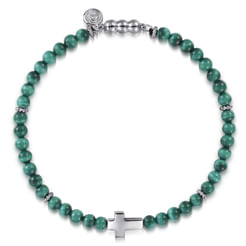 925 Sterling Silver Cross Bracelet with 4mm Malachite Beads