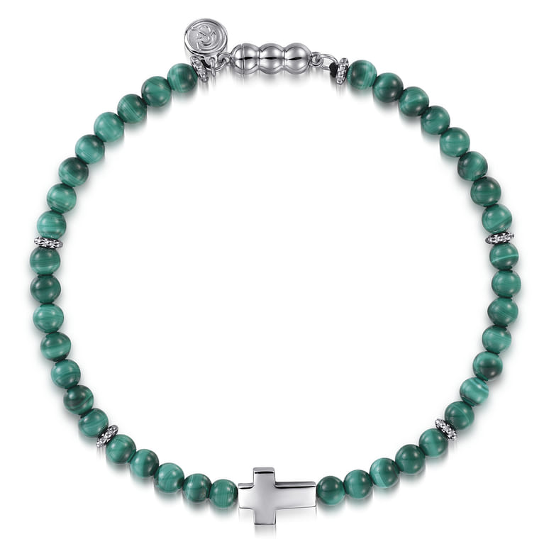 925 Sterling Silver Cross Bracelet with 4mm Malachite Beads - Shot 1