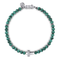 925 Sterling Silver Cross Bracelet with 4mm Malachite Beads