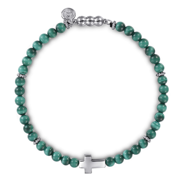 925 Sterling Silver Cross Bracelet with 4mm Malachite Beads - Shot 1