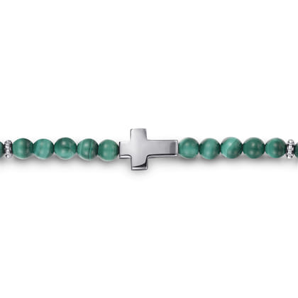 925 Sterling Silver Cross Bracelet with 4mm Malachite Beads