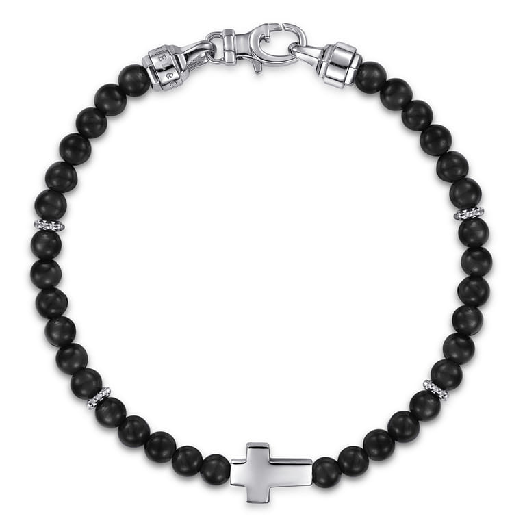 925 Sterling Silver Cross Bracelet with 4mm Onyx Beads - Shot 1