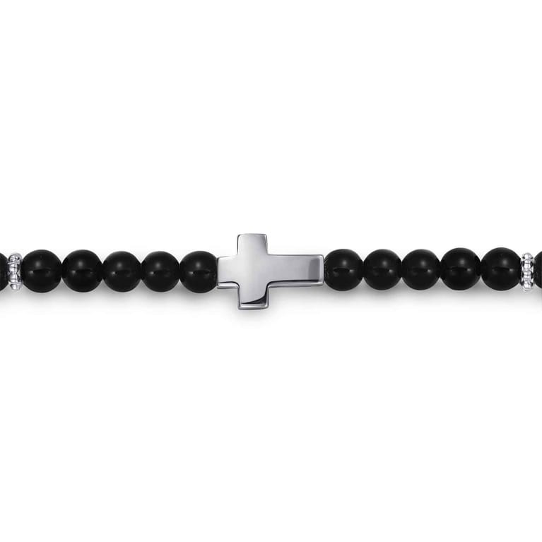 925 Sterling Silver Cross Bracelet with 4mm Onyx Beads - Shot 2