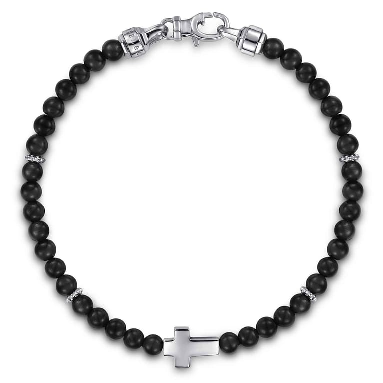 925 Sterling Silver Cross Bracelet with 4mm Onyx Beads - Shot 1