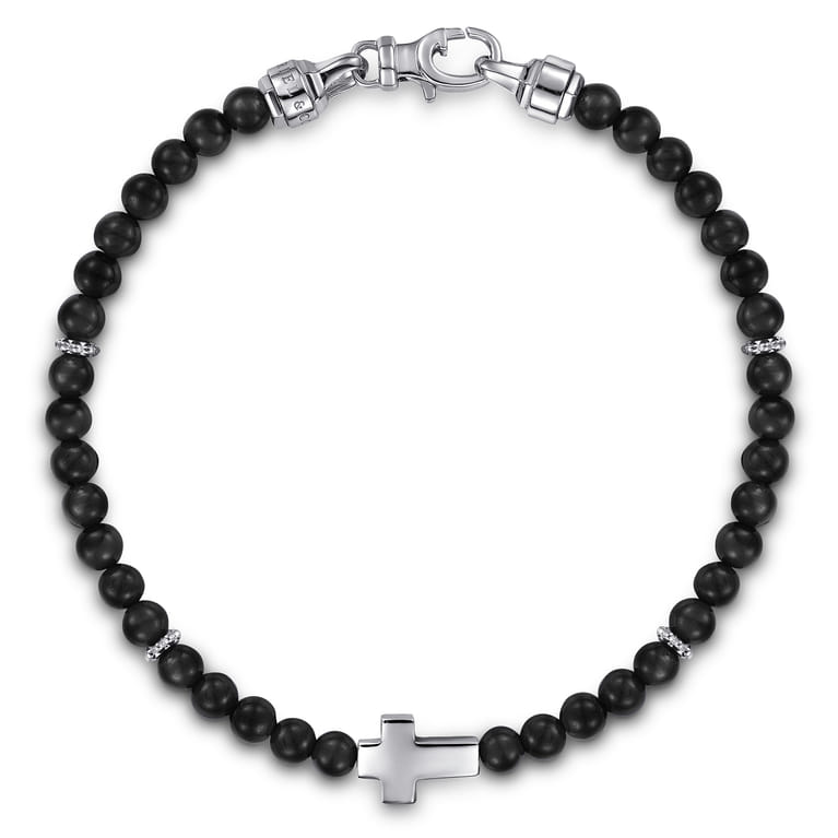 925 Sterling Silver Cross Bracelet with 4mm Onyx Beads - Shot 1