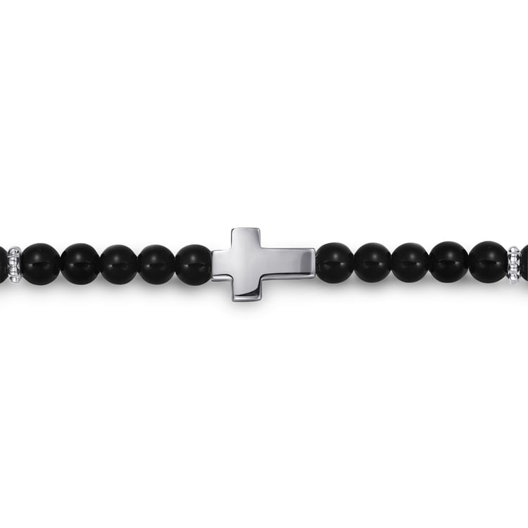 925 Sterling Silver Cross Bracelet with 4mm Onyx Beads
